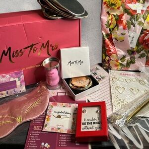Miss To Mrs Bridal subscription Box filled with 13 items New